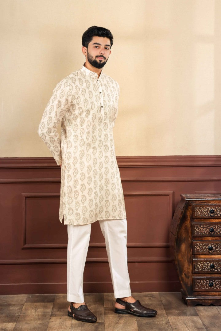 Men's Cream Linen Solid Kurta Set - Panjari Store