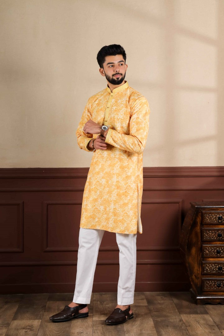 Men's Gold Cotton Blend Solid Kurta - Panjari Store