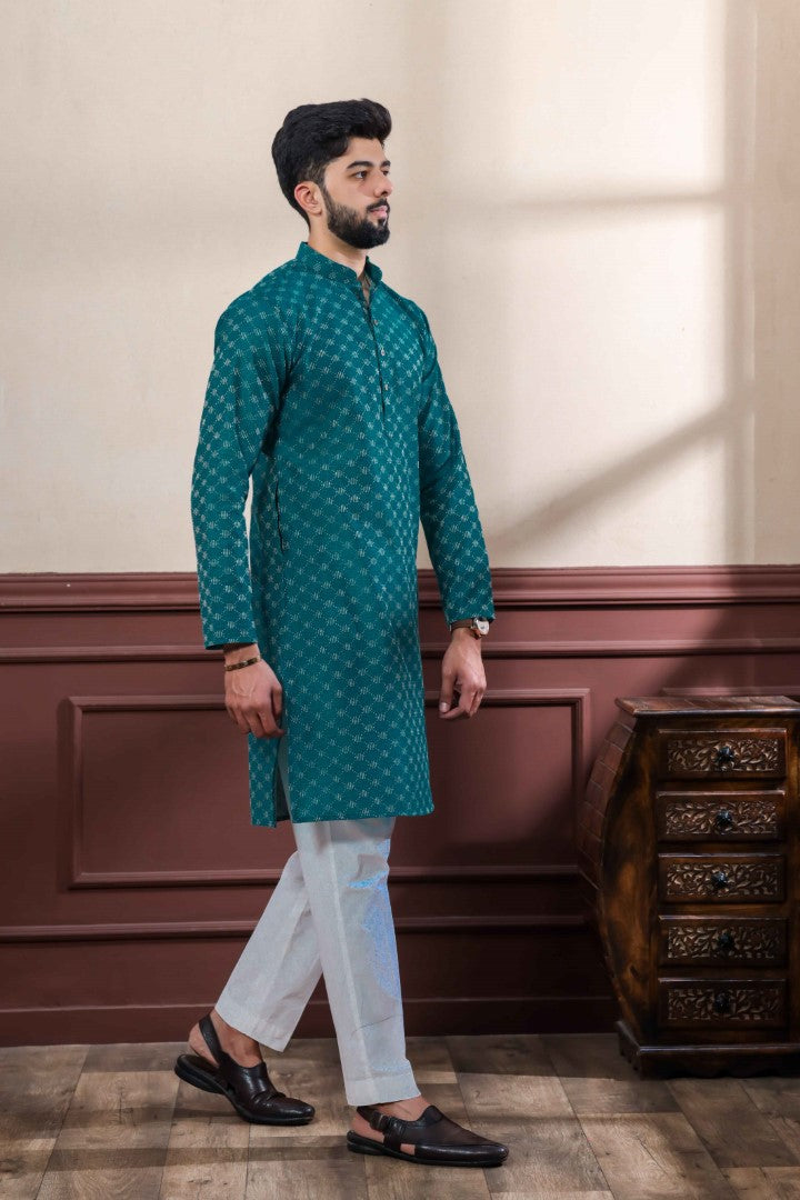 Men's Teal Cotton Solid Kurta - Panjari Store