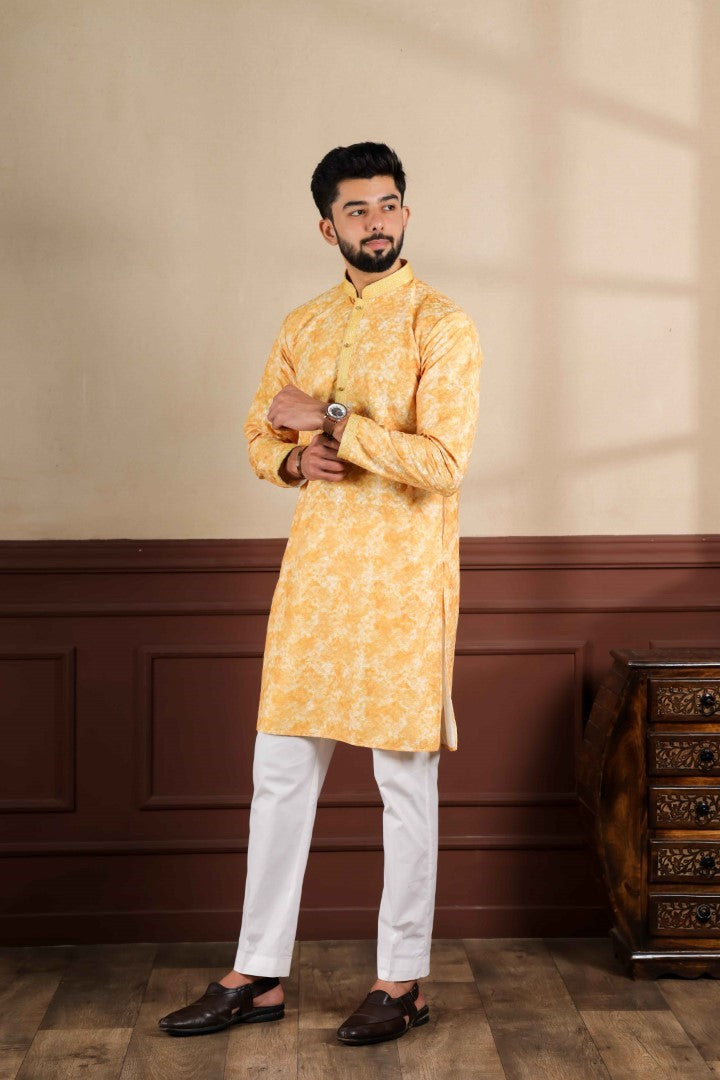 Men's Gold Cotton Blend Solid Kurta Set - Panjari Store