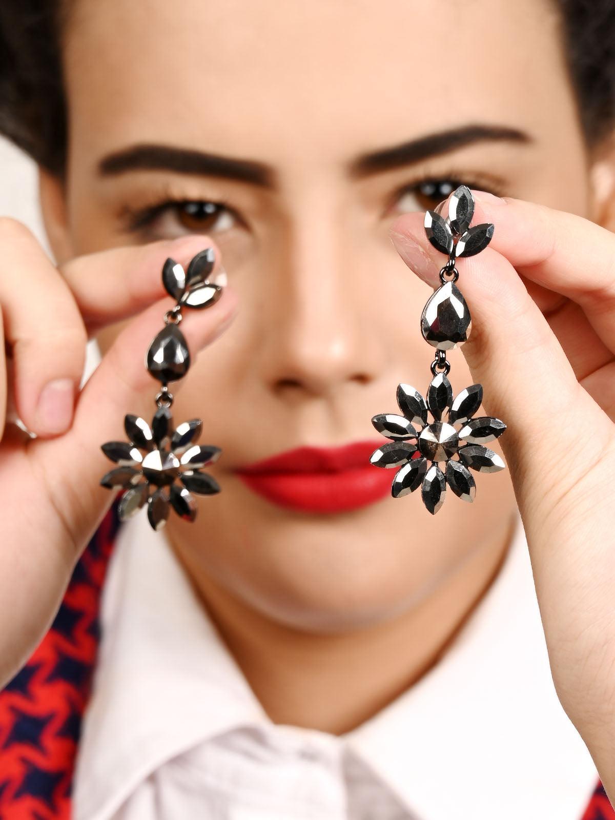 Women's Silver Floral Crystal Drop Earring