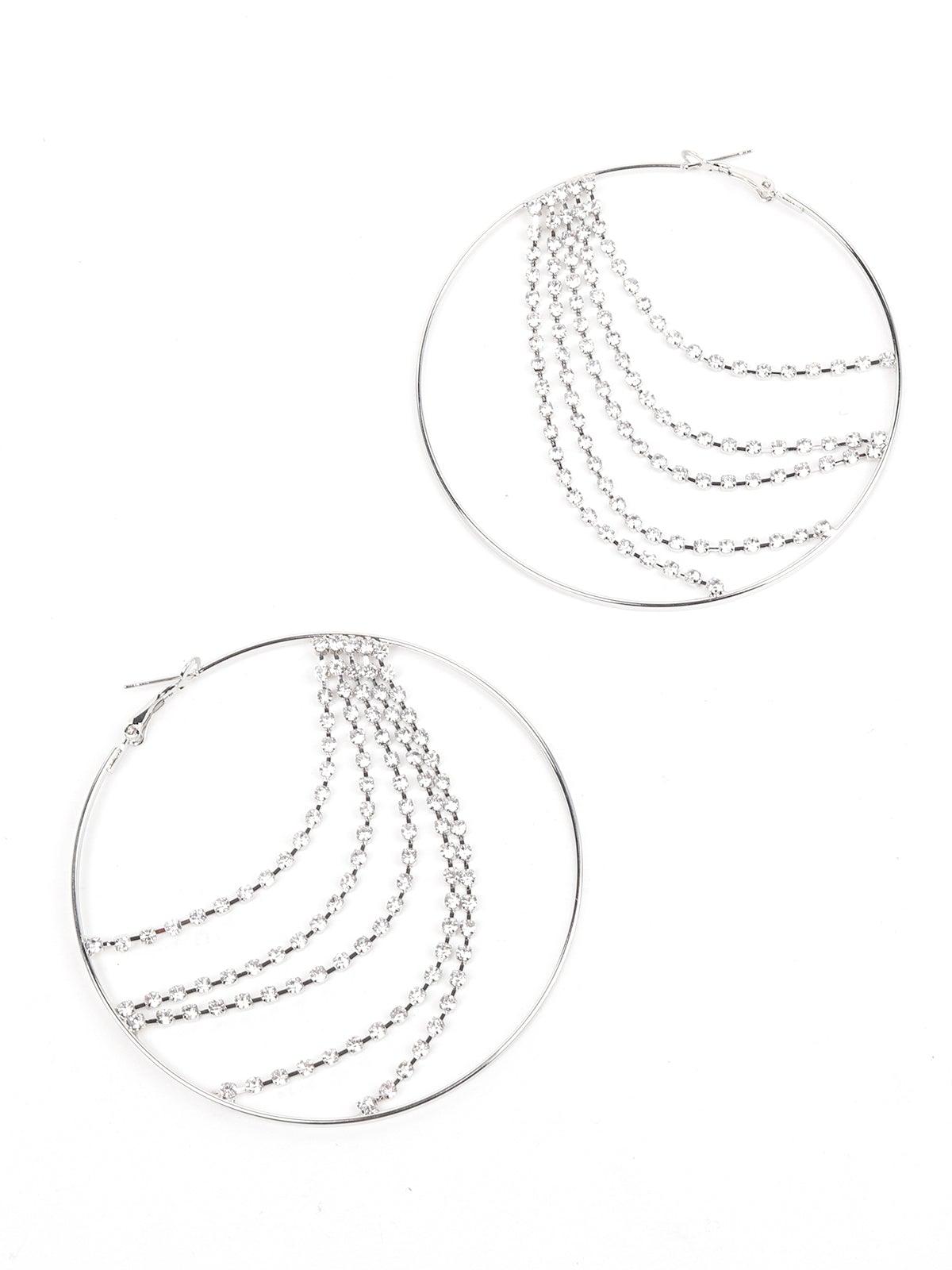 Women's Silver Hoop Earrings With Crystal Strings Embedde