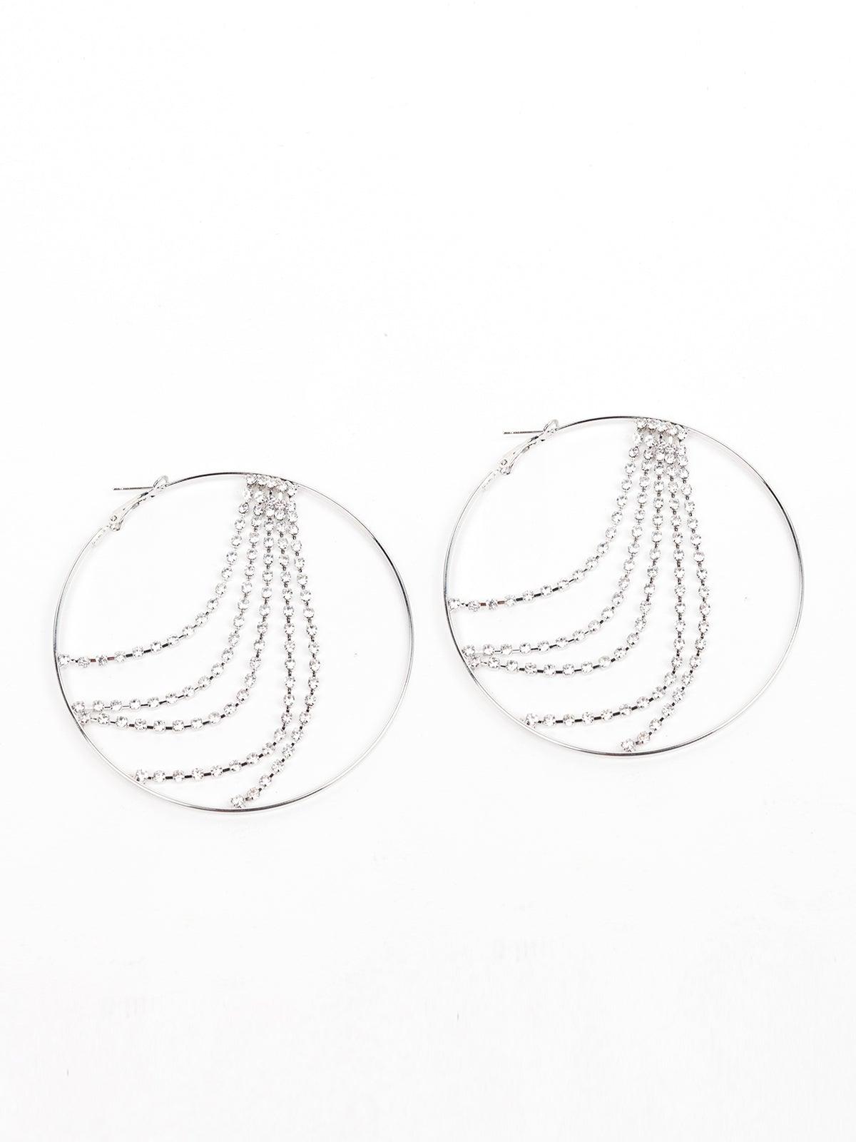 Women's Silver Hoop Earrings With Crystal Strings Embedde