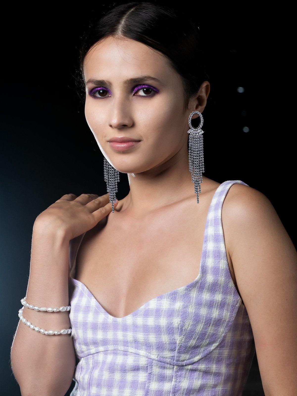 Women's Silver Rounded Crystal Tassel Drop Earring