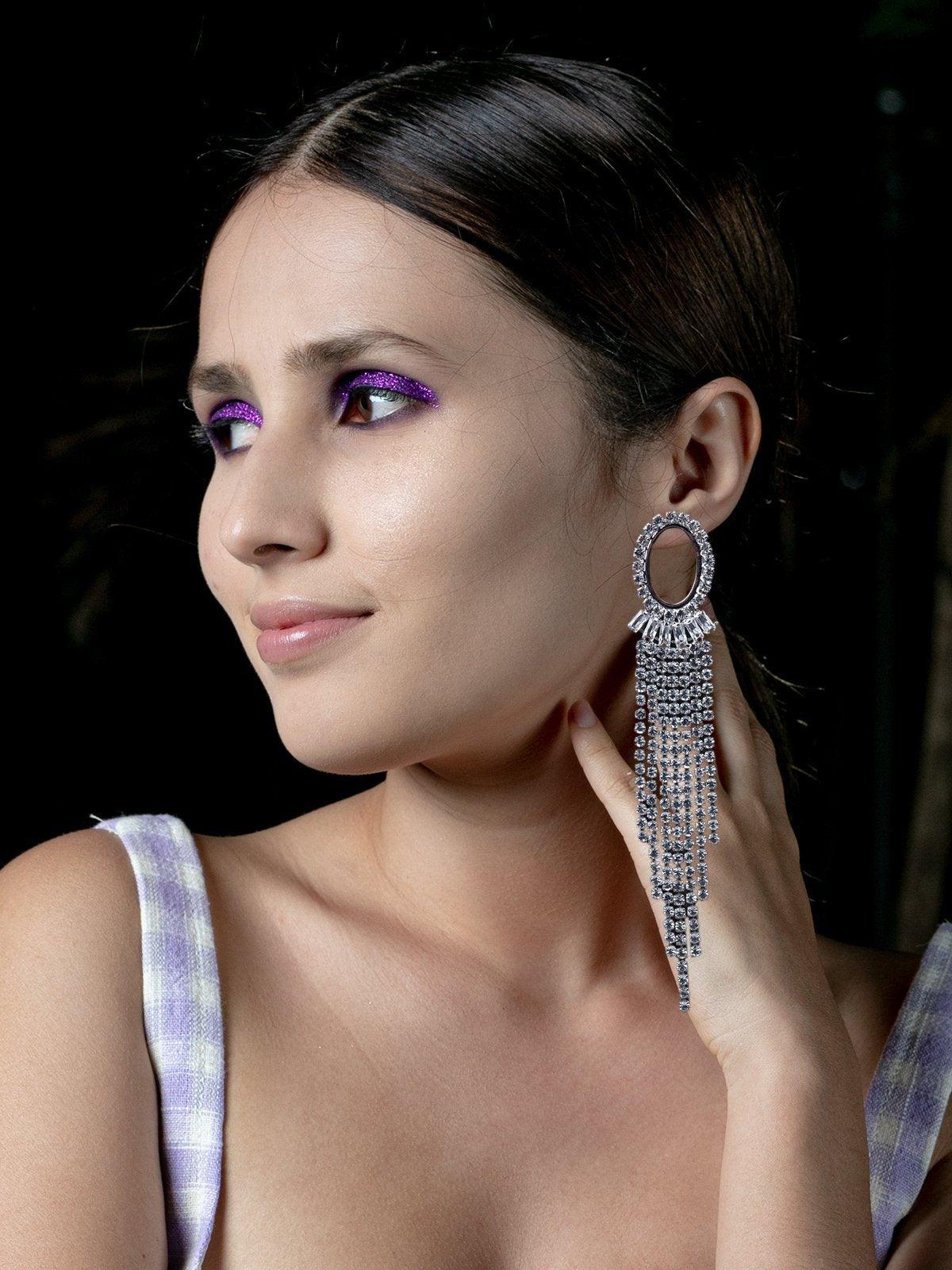 Women's Silver Rounded Crystal Tassel Drop Earring