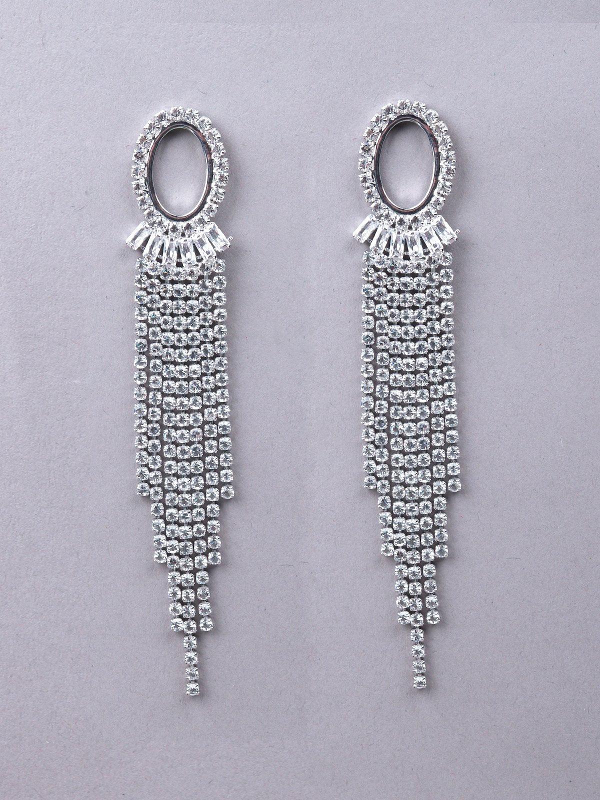 Women's Silver Rounded Crystal Tassel Drop Earring