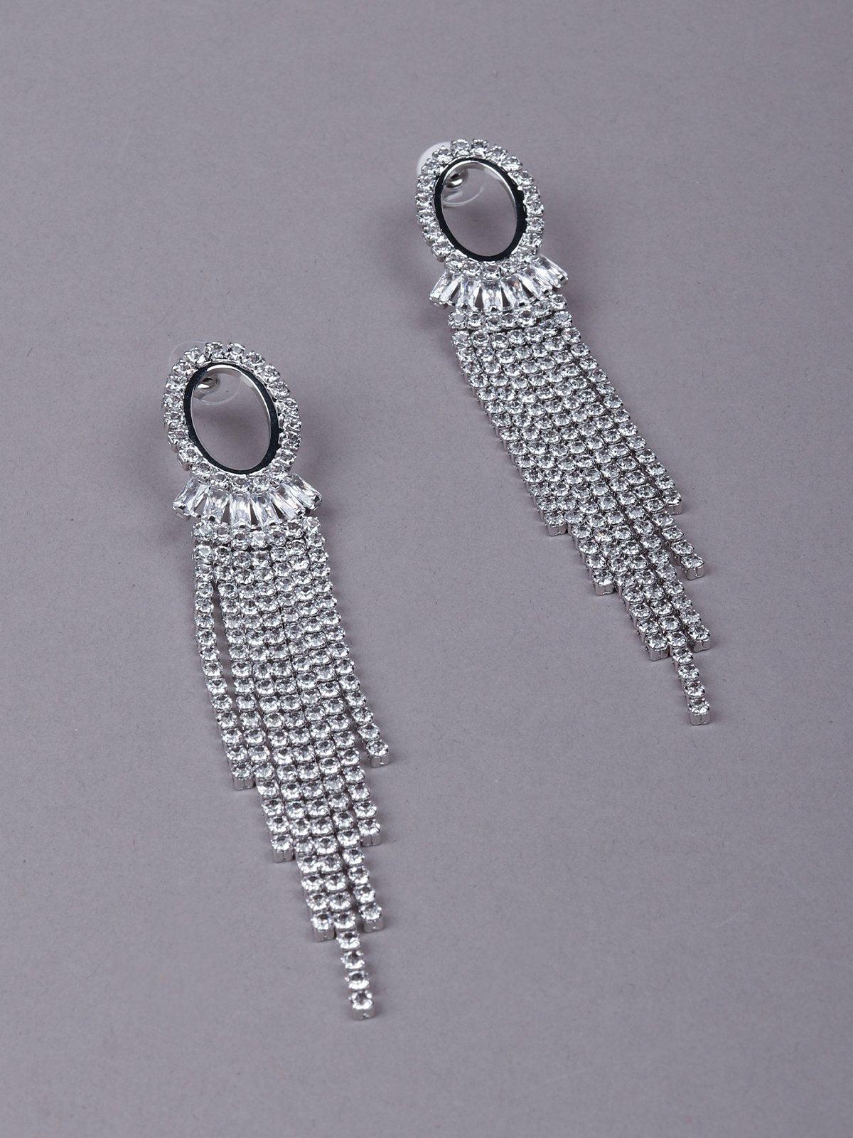 Women's Silver Rounded Crystal Tassel Drop Earring