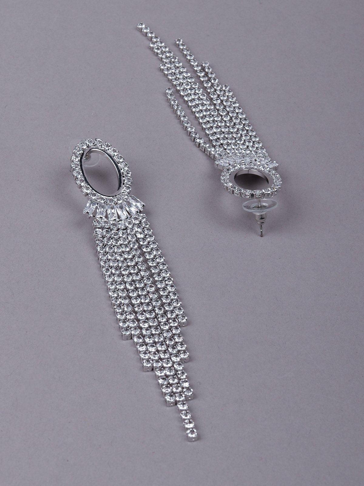 Women's Silver Rounded Crystal Tassel Drop Earring