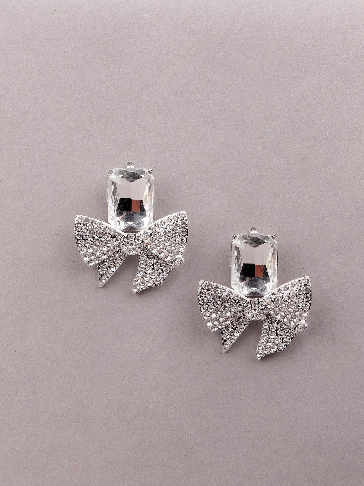 Women's Silver-Studded Bow-Shaped Statement Earring