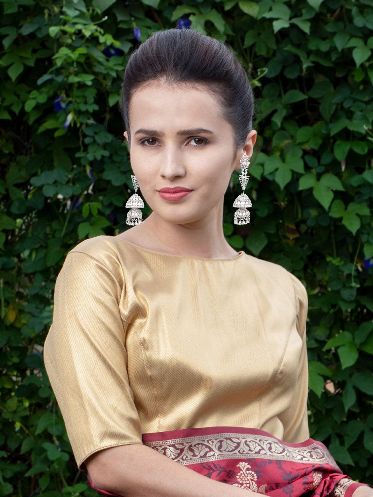 Women's Silver-Tone Fully Studded Jhumka Earring