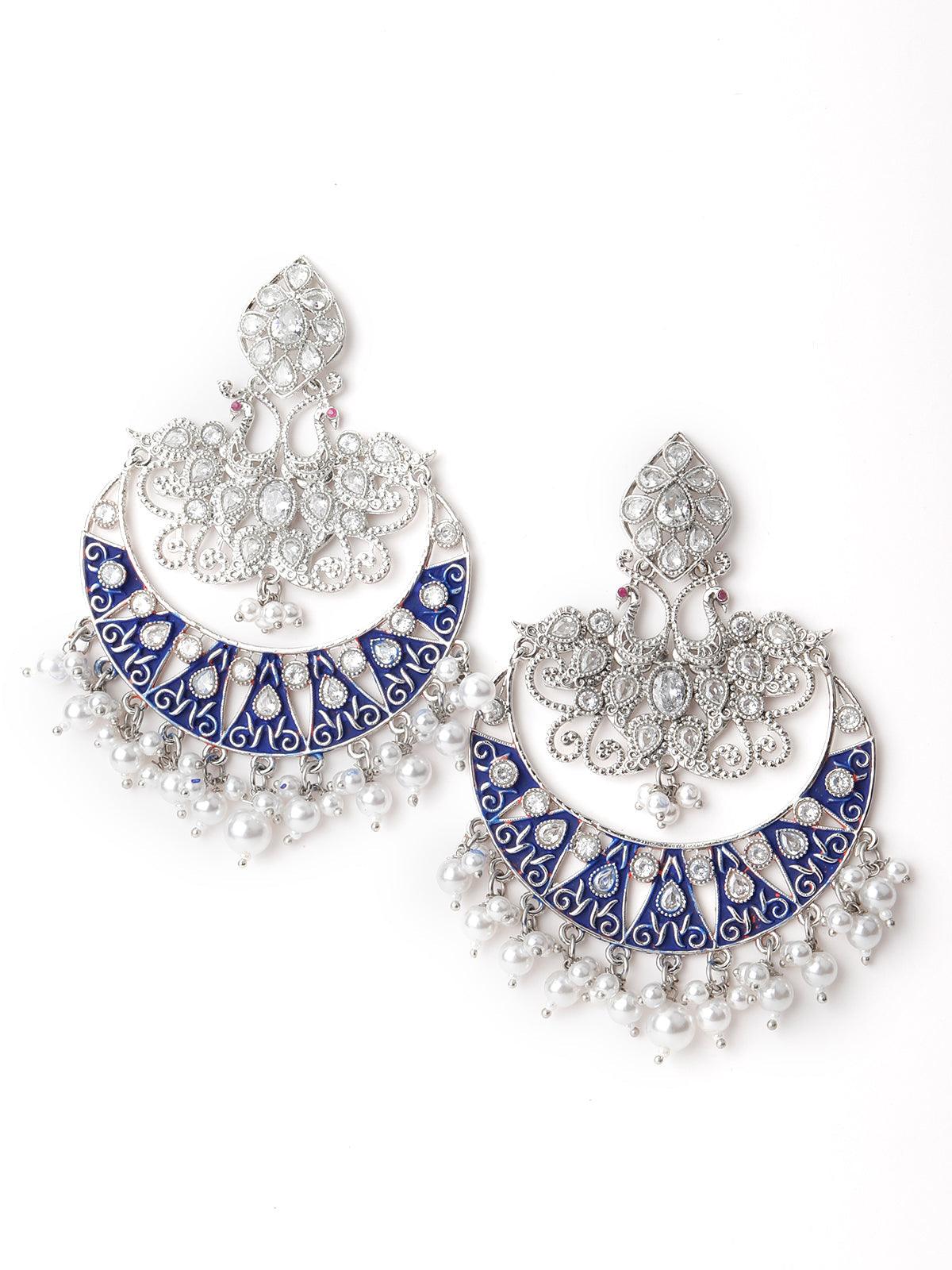 Women's Silver Tone Half-Moon Blue-Enamelled Chandbali Earrings