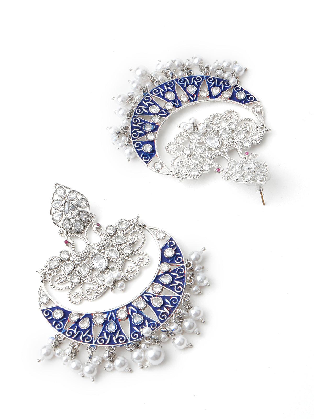 Women's Silver Tone Half-Moon Blue-Enamelled Chandbali Earrings