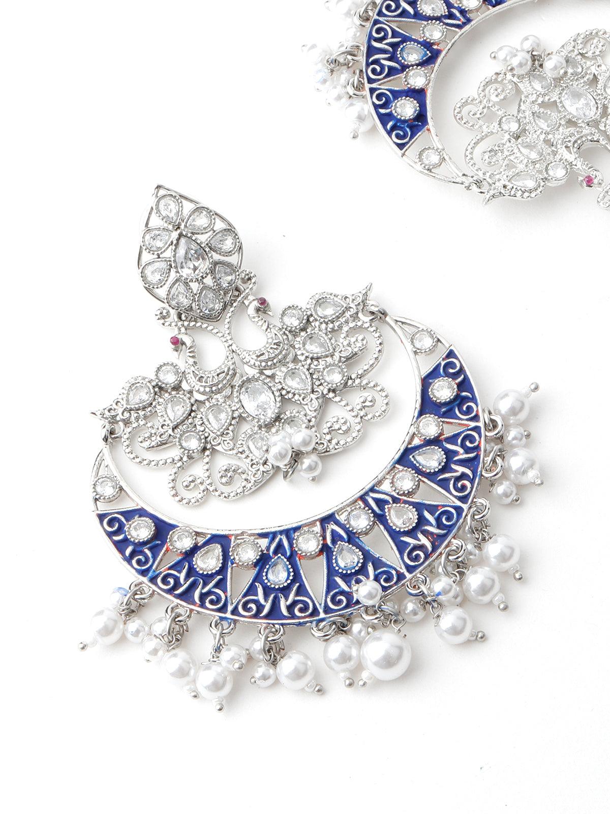 Women's Silver Tone Half-Moon Blue-Enamelled Chandbali Earrings