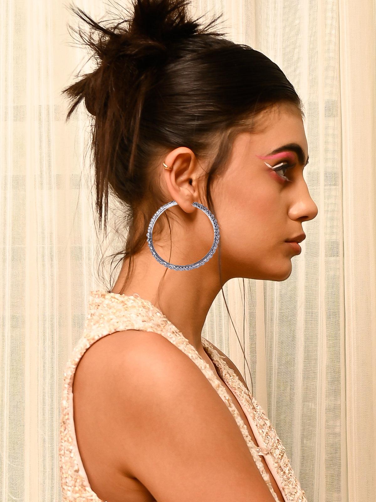 Women's Silver Tone Studded Hoop Earring