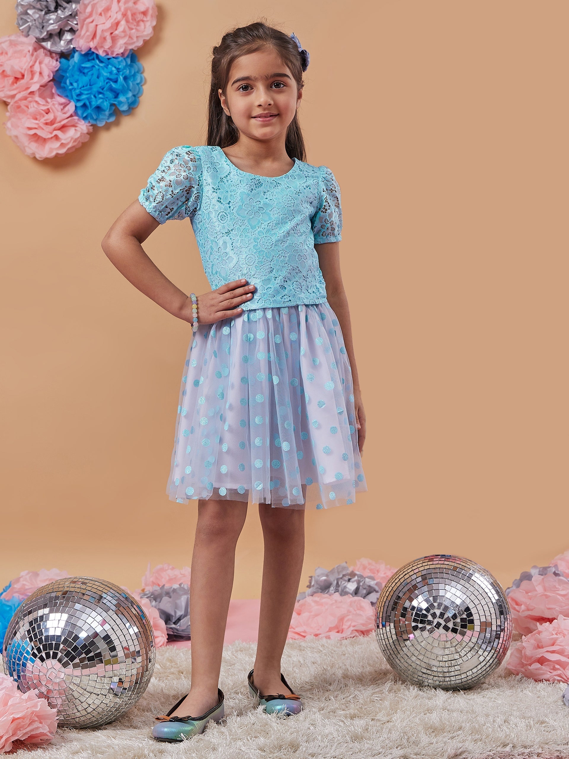 Girls Self Design Top With Skirt - PS Peaches