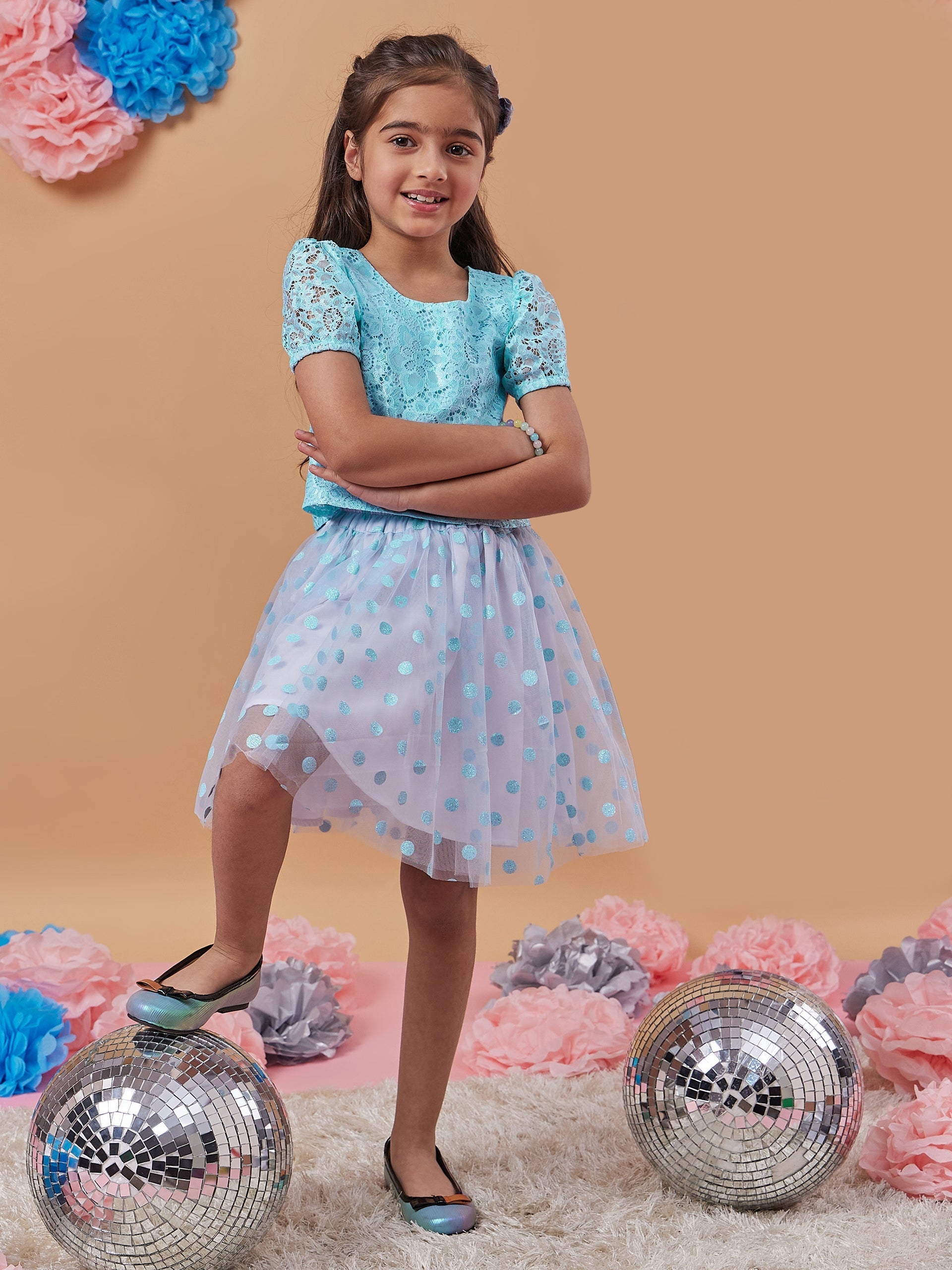 Girls Self Design Top With Skirt - PS Peaches