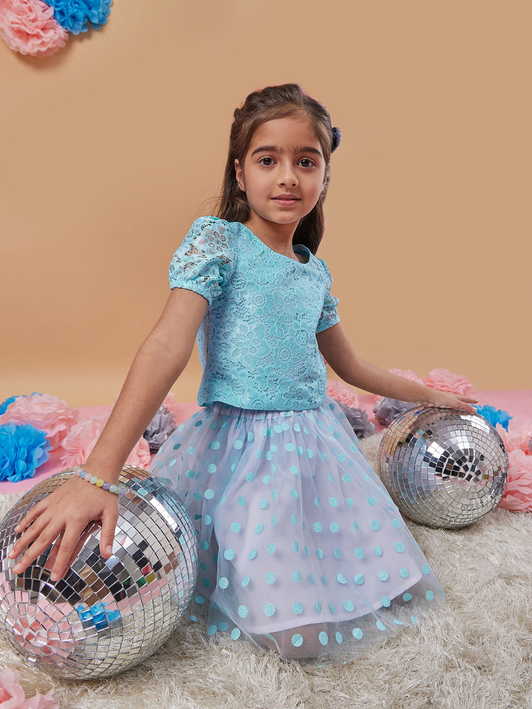 Girls Self Design Top With Skirt