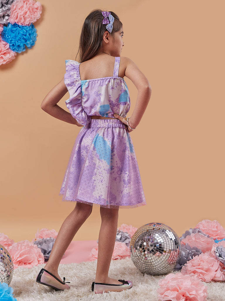 Girls Shoulder Straps Printed Top With Skirt