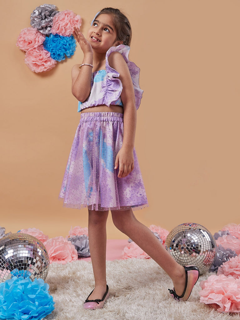 Girls Shoulder Straps Printed Top With Skirt
