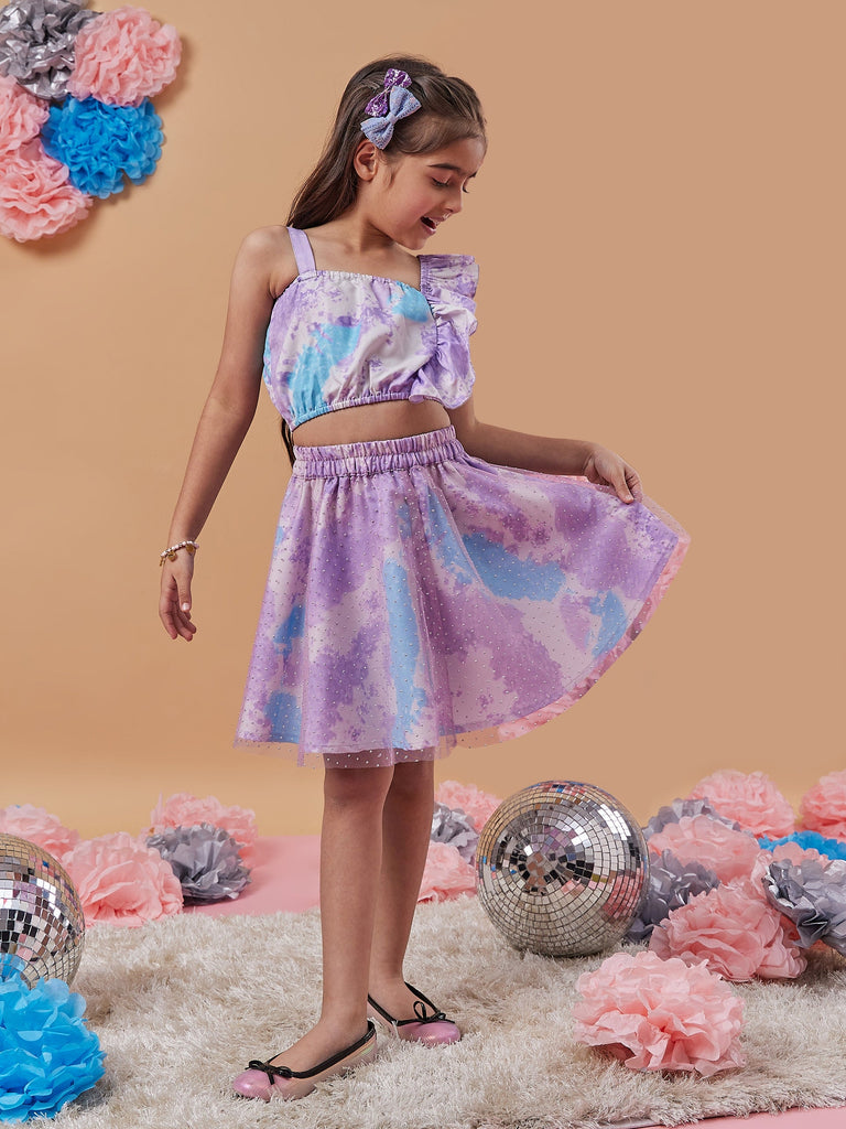 Girls Shoulder Straps Printed Top With Skirt