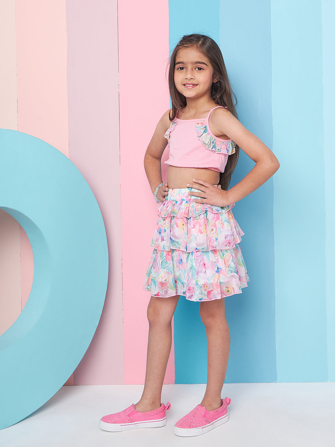 Girls Round Neck Ruffled Top With Skirt - PS Peaches