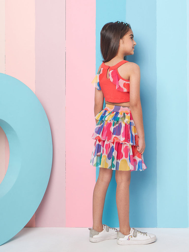 Girls Round Neck Ruffled Top With Skirt