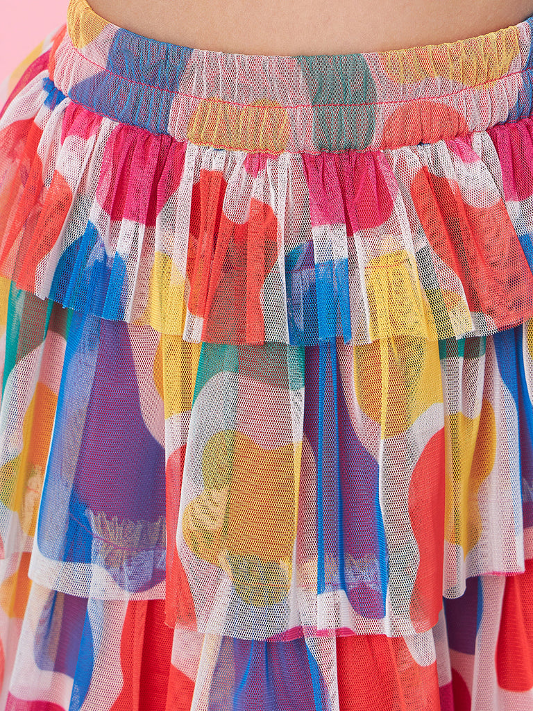 Girls Round Neck Ruffled Top With Skirt