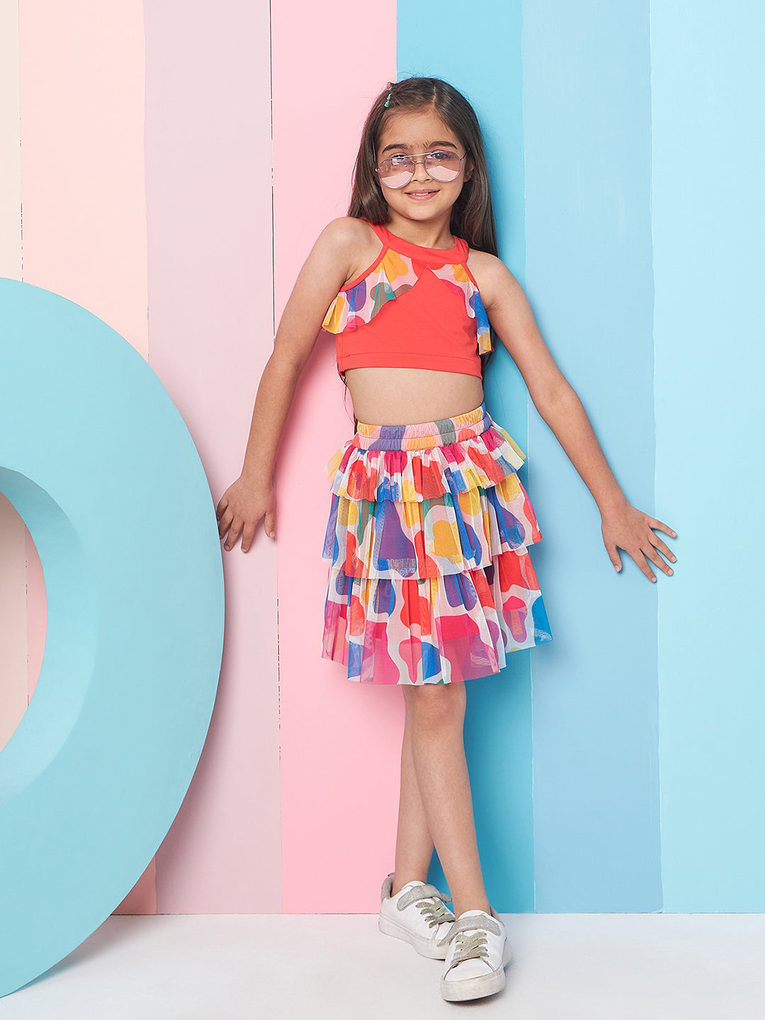 Girls Round Neck Ruffled Top With Skirt - PS Peaches