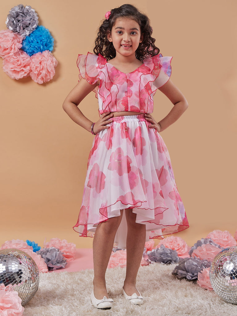 Girls Floral Printed Crop Top With Skirt