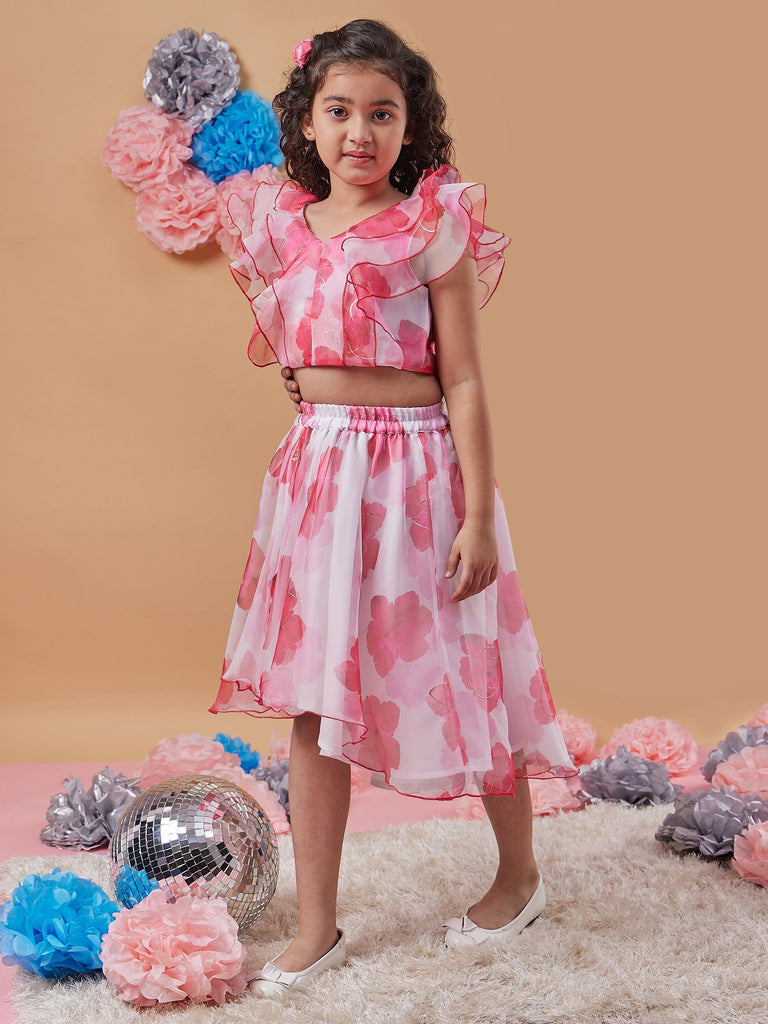 Girls Floral Printed Crop Top With Skirt