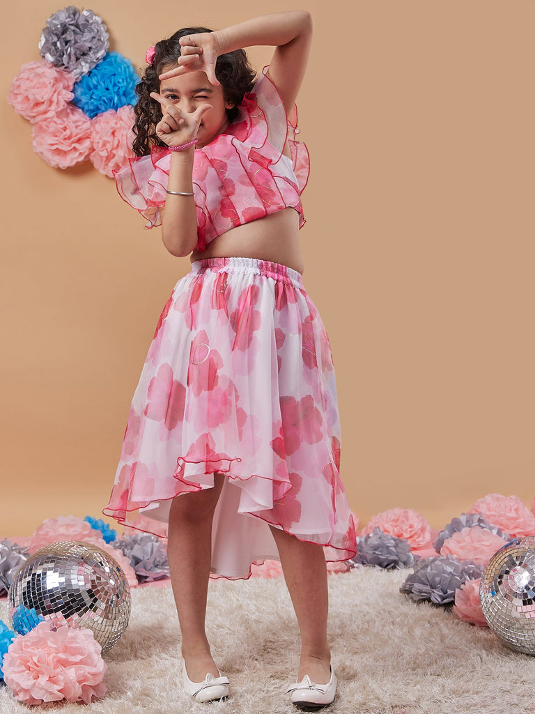 Girls Floral Printed Crop Top With Skirt