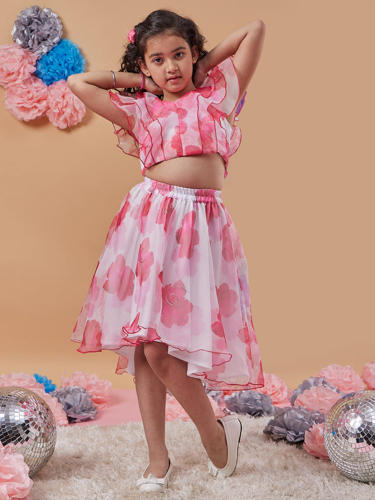 Girls Floral Printed Crop Top With Skirt