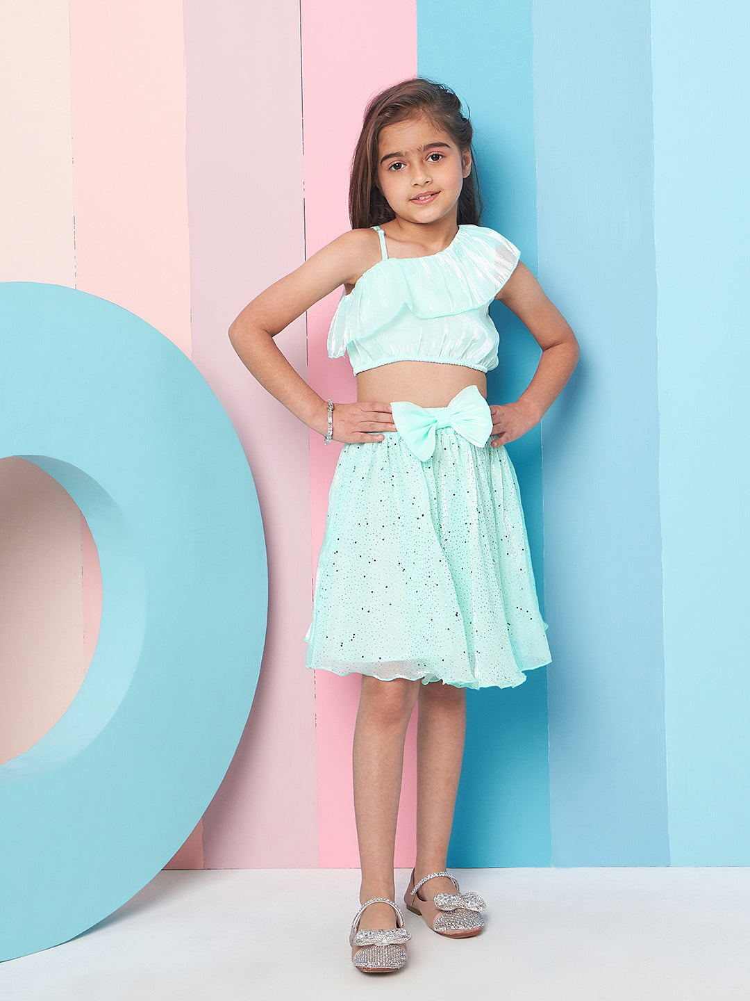 Girls Embellished One Shoulder Top With Skirt - PS Peaches