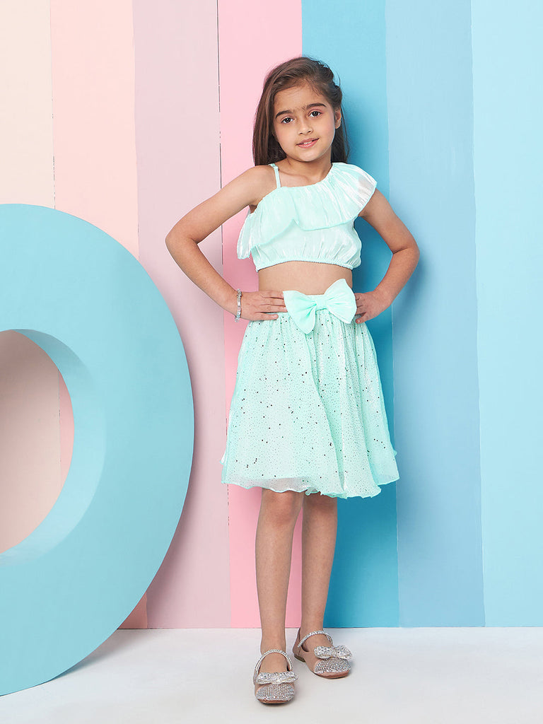 Girls Embellished One Shoulder Top With Skirt