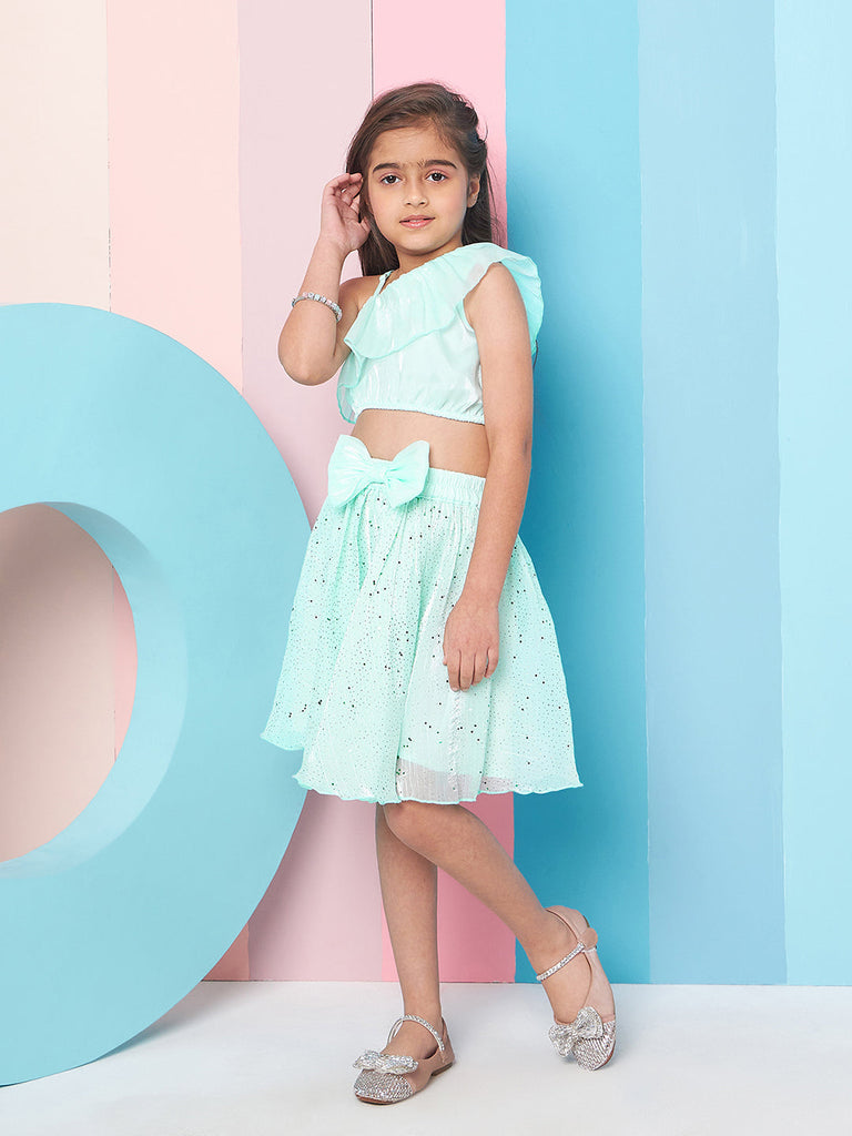 Girls Embellished One Shoulder Top With Skirt