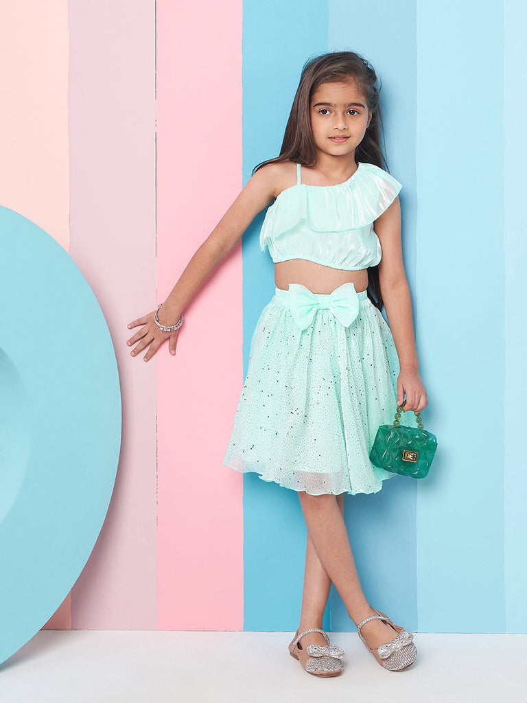 Girls Embellished One Shoulder Top With Skirt