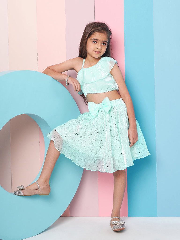 Girls Embellished One Shoulder Top With Skirt