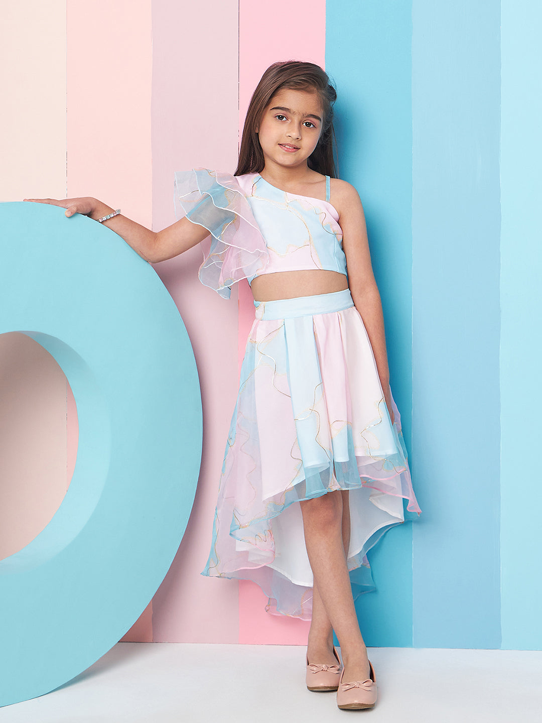 Girls Printed One Shoulder Flutter Sleeves Top With Skirt - PS Peaches