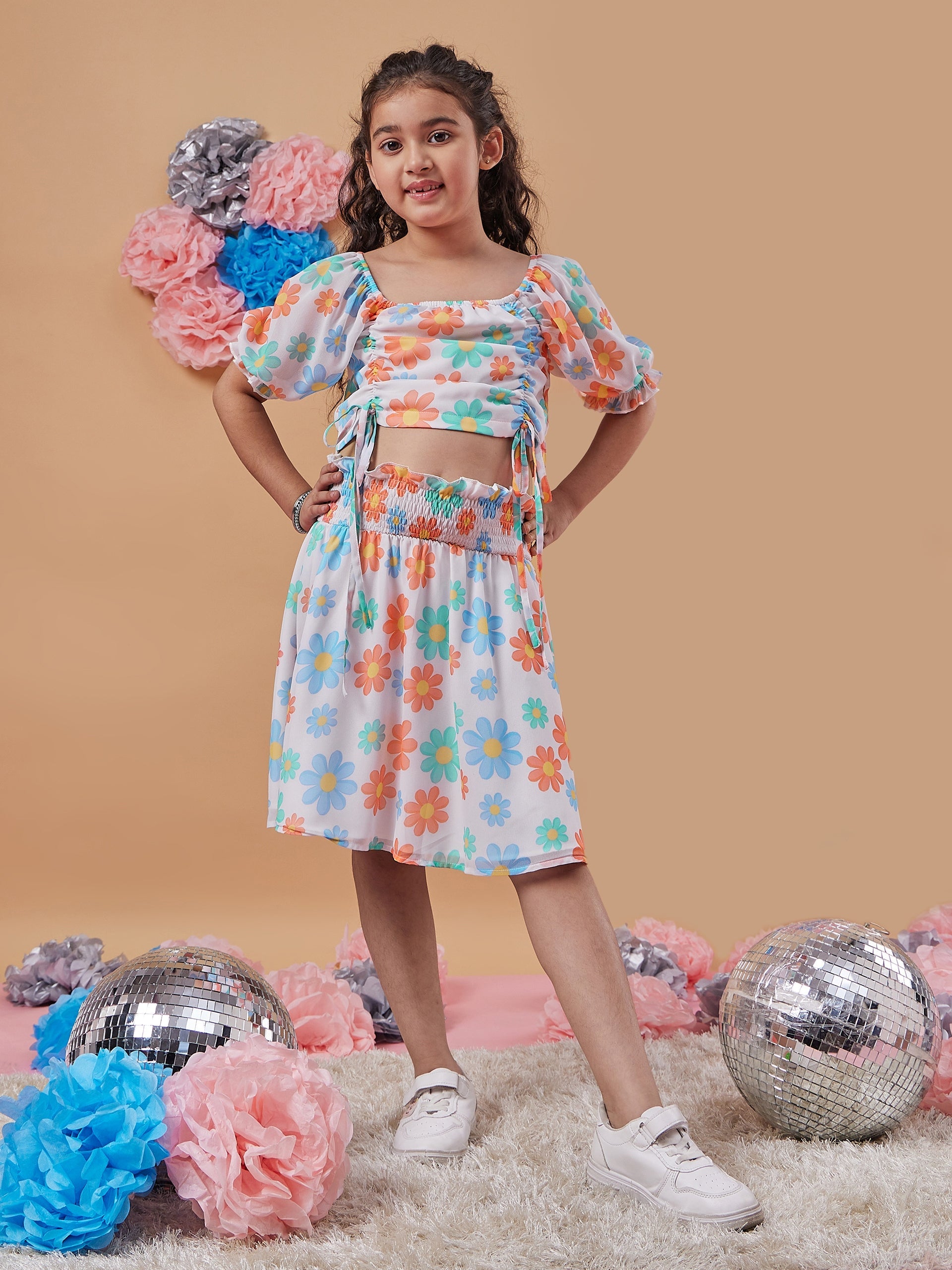 Girls Floral Printed Ruched Crop Top With Skirt - PS Peaches