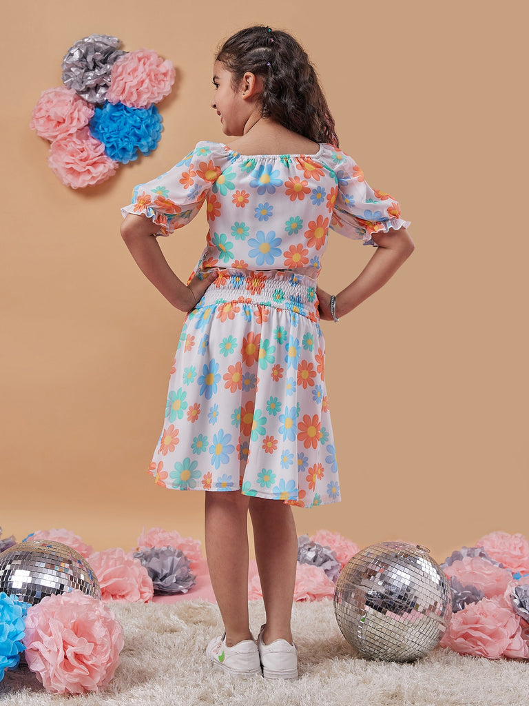 Girls Floral Printed Ruched Crop Top With Skirt