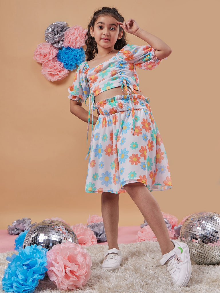 Girls Floral Printed Ruched Crop Top With Skirt
