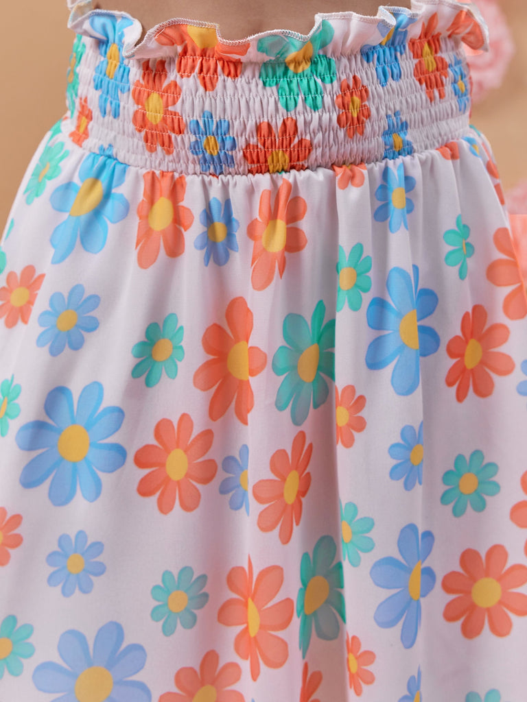 Girls Floral Printed Ruched Crop Top With Skirt
