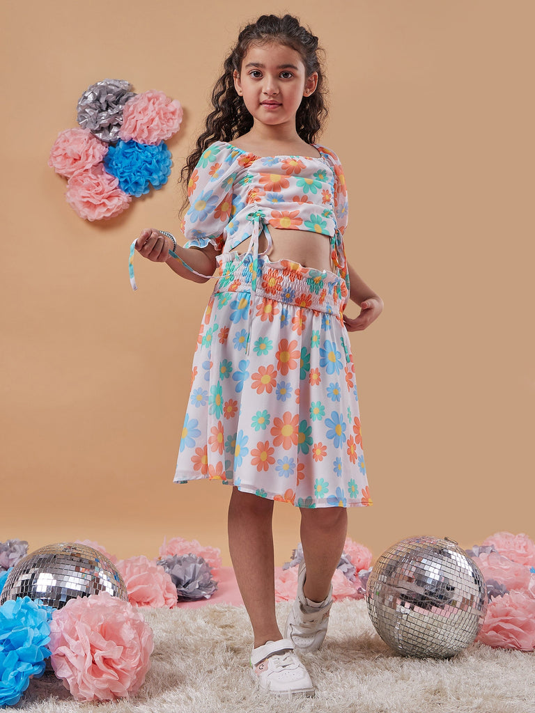 Girls Floral Printed Ruched Crop Top With Skirt