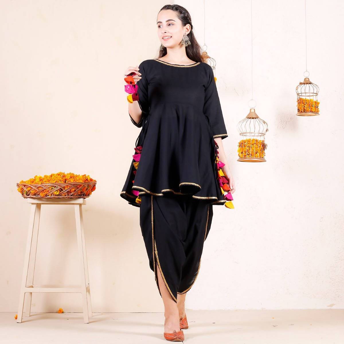 Women's Black Dhoti Peplum Top Set With Multicolour Tassels