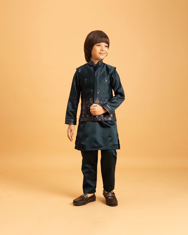 Boy's Dark Green Malai Satin Kurta Set