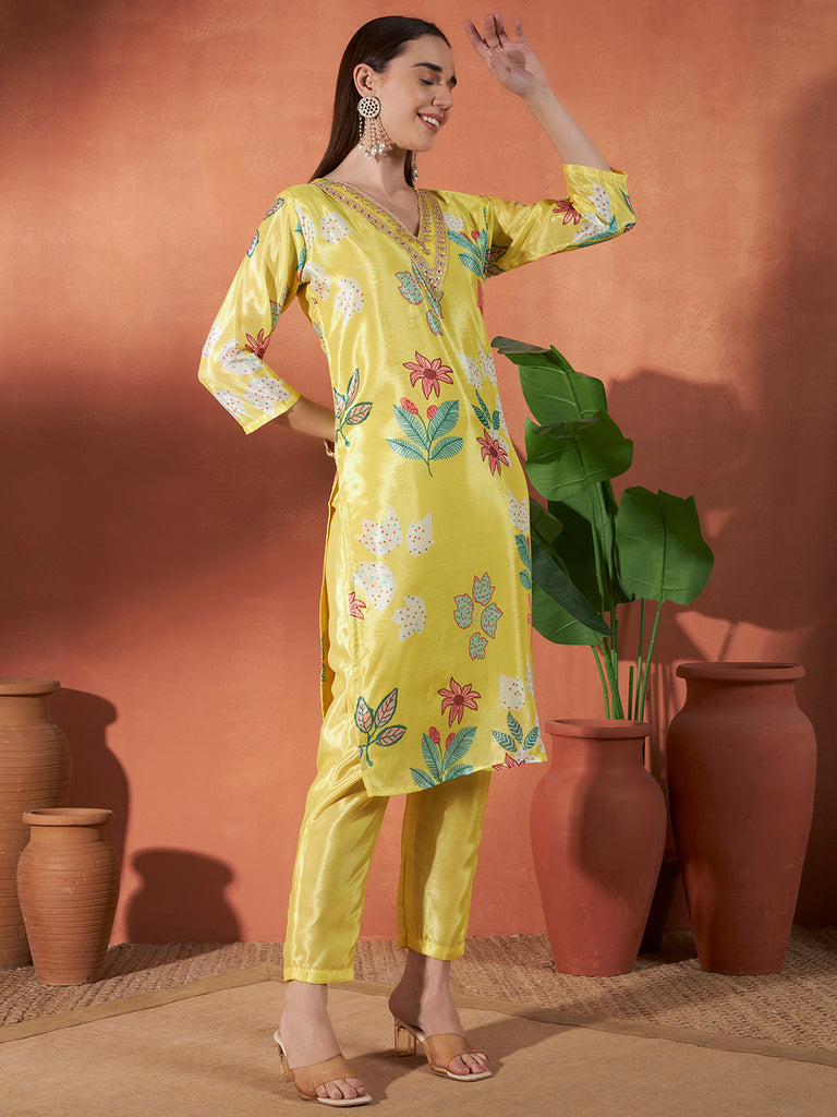 Women's Yellow Chinon Embroidery Work Kurta Set