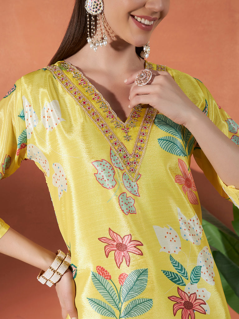 Women's Yellow Chinon Embroidery Work Kurta Set