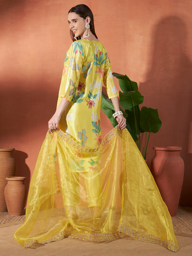 Women's Yellow Chinon Embroidery Work Kurta Set