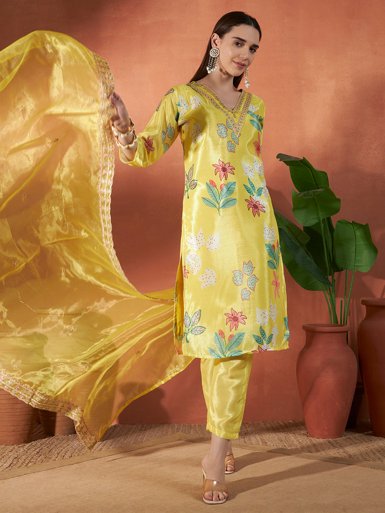 Women's Yellow Chinon Embroidery Work Kurta Set