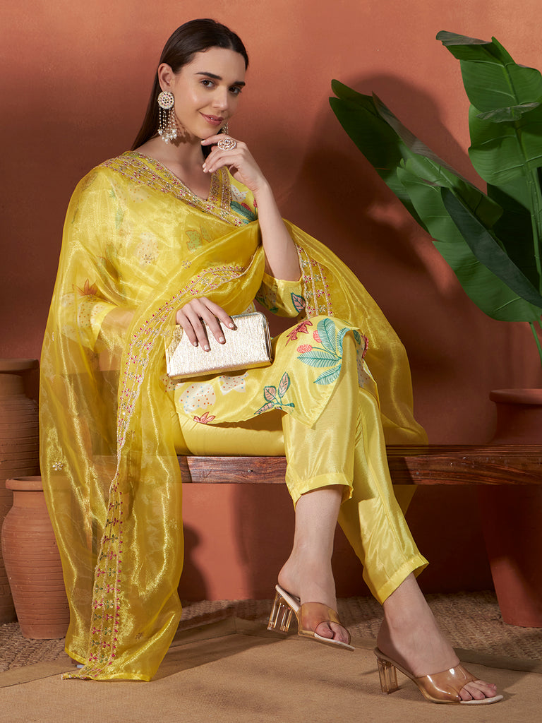 Women's Yellow Chinon Embroidery Work Kurta Set